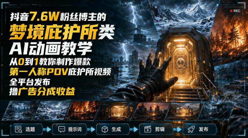 抖音7.6W粉丝博主的梦境庇护所类AI动画教学,从0到1教你制作爆款第一人称POV庇护所视频,全平台发布撸广告分成收益