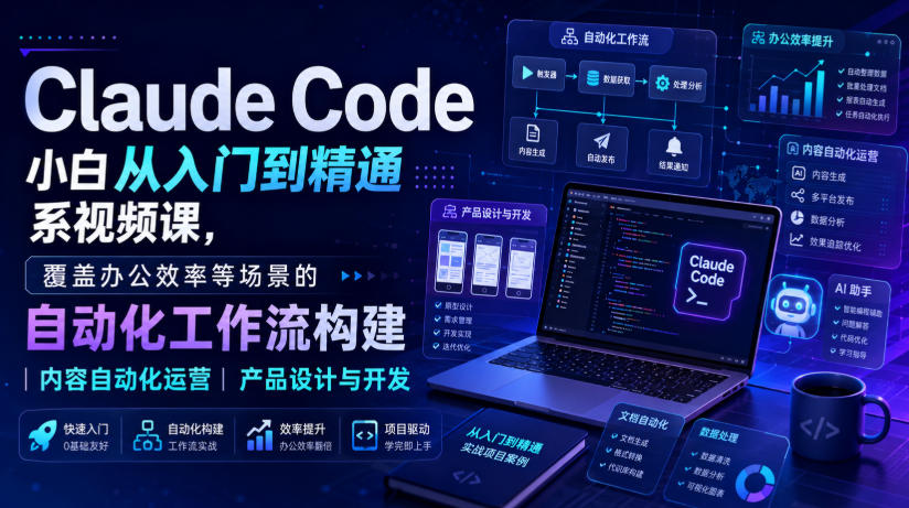 Claude Code小白从入门到精通系视频课,覆盖办公效率等场景的自动化工作流构建|内容自动化运营|产品设计与开发
