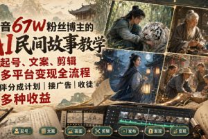 抖音67W粉丝博主的AI民间故事教学,从起号、文案、剪辑到多平台变现全流程,伙伴分成计划接广告等多种收益,月入1W+