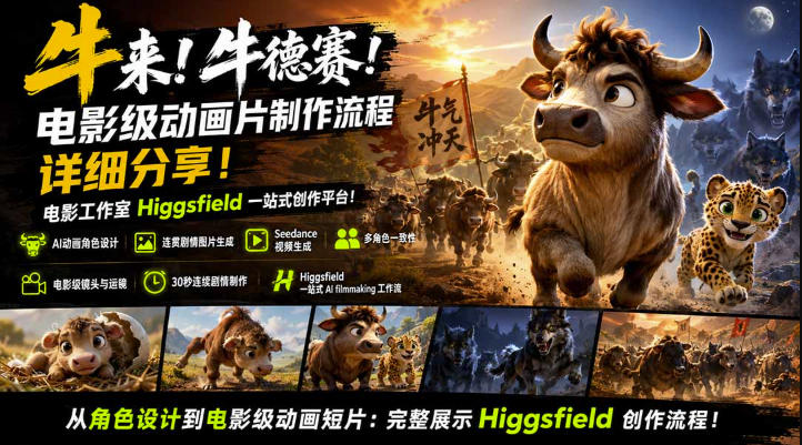 牛来！牛德赛！电影级动画片制作流程详细分享！电影工作室Higgsfield一站式创作平台，完整创作流程