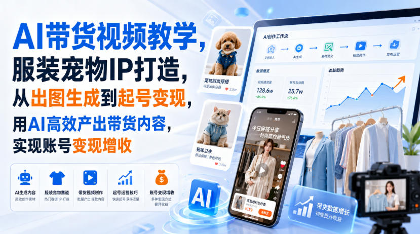 AI带货视频教学，服装宠物IP打造，从出图生成到起号变现，用AI高效产出带货内容，实现账号变现增收