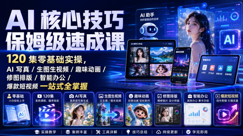 AI核心技巧保姆级速成课|120集零基础实操,AI写真/生图生视频/趣味动画/修图排版/智能办公/爆款短视频一站式全掌握(更新)