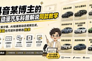 抖音某博主的AI动漫汽车科普解说同款教学,从文案分镜、AI绘画到动态视频生成,0基础解锁抖音精选独家收益