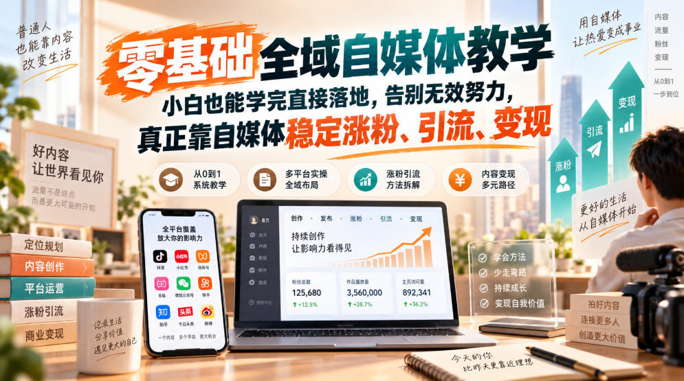 零基础全域自媒体教学，小白也能学完直接落地，告别无效努力，真正靠自媒体稳定涨粉、引流、变现