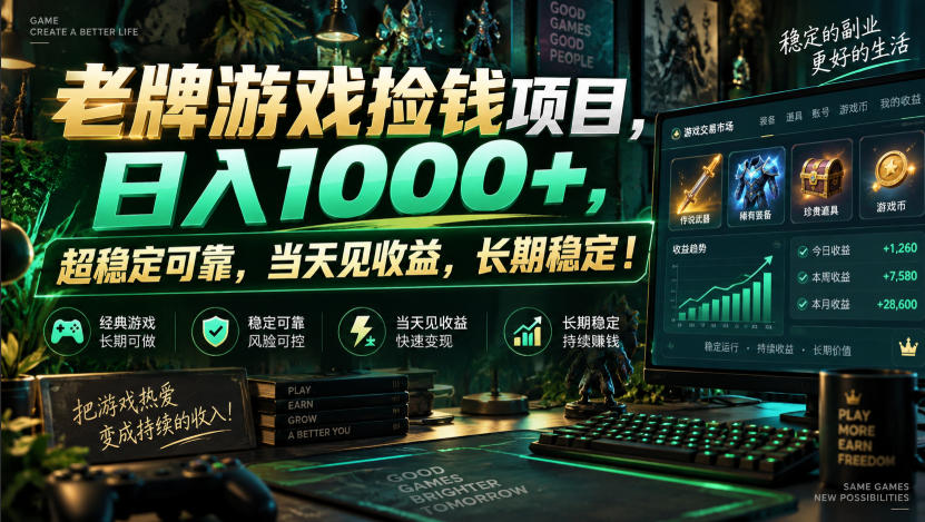 老牌游戏捡钱项目，日入1000+，超稳定可靠，当天见收益，长期稳定！【揭秘】