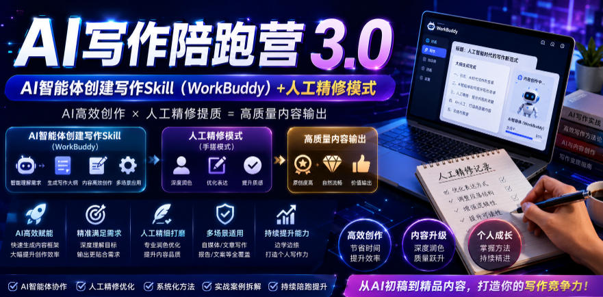 AI写作陪跑营3.0，Ai智能体创建写作skill（workbuddy）+人工手写模式（手搓模式），去除AI痕迹（头条号、公众号、百家号）（更新0907）