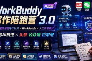 (20311期)WorkBuddy写作陪跑营3.0-更新:Ai智能体创建写作Skill×WorkBuddy×人工手写模式×去除AI痕迹×头条公众号百家号