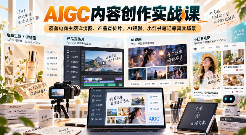 AIGC内容创作实战课,覆盖电商主图详情图、产品宣传片、AI短剧、小红书笔记等真实场景