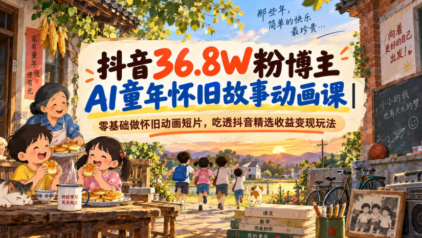 抖音36.8W粉博主AI童年怀旧故事动画课｜零基础做怀旧动画短片，吃透抖音精选收益变现玩法
