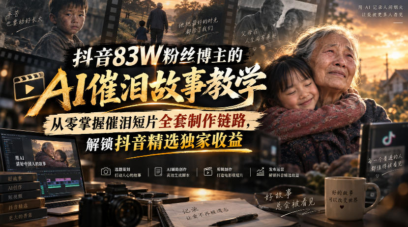 抖音83W粉丝博主的AI催泪故事教学,从零掌握催泪短片全套制作链路,解锁抖音精选独家收益