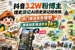 抖音3.2W粉博主理史游记AI历史游记短视频教学，热门赛道条条爆赞，单条独家精选收益1k+