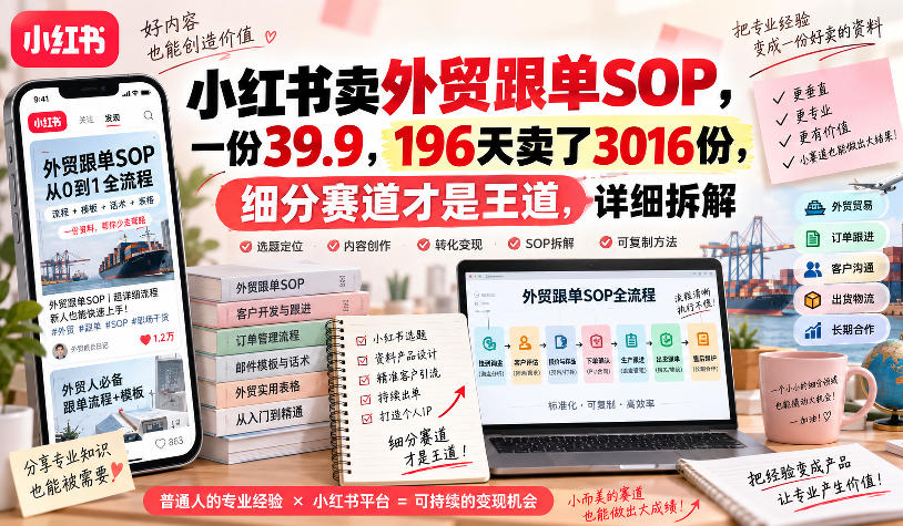 小红书卖外贸跟单sop,一份39.9,196天卖了3016份,细分赛道才是王道,详细拆解
