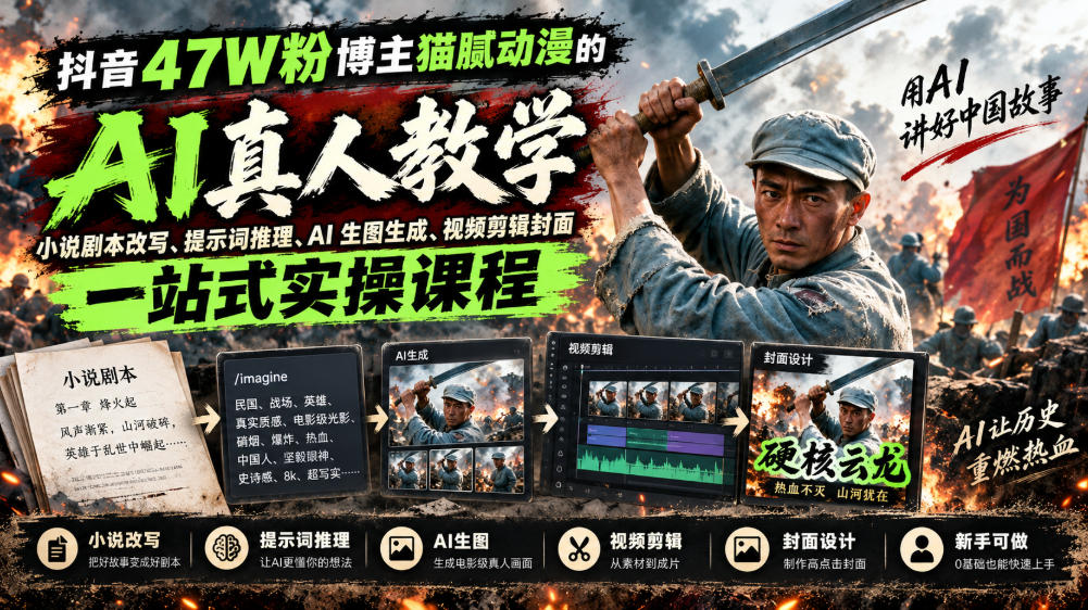 抖音47W粉博主猫腻动漫的AI真人漫剧教学，小说剧本改写、提示词推理、AI生图生成、视频剪辑封面一站式实操课程