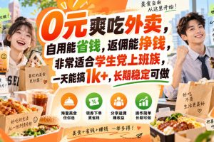 0元爽吃外卖,自用能省钱,返佣能挣钱,非常适合学生党上班族,一天能搞1k+,长期稳定可做