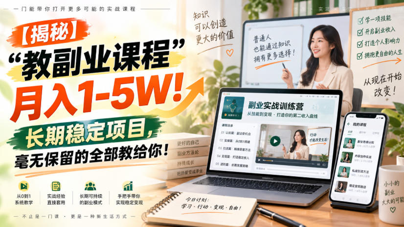 【揭秘】“教副业课程”月入1-5W！长期稳定项目，毫无保留的全部教给你！