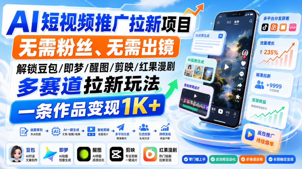 AI短视频推广拉新项目,无需粉丝、无需出镜,解锁豆包/即梦/醒图/剪映/红果漫剧多赛道拉新玩法,一条作品变现1K+(更新0918)