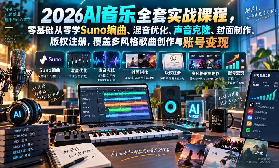 2026AI音乐实战课程,零基础从零学Suno编曲、混音优化、声音克隆、版权注册,覆盖多风格歌曲创作与账号变现