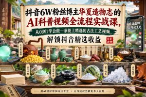 抖音6W粉丝博主华夏造物志的AI科普视频全流程实战课，从0到1学会做一条能上精选的古法工艺视频，解锁抖音精选收益